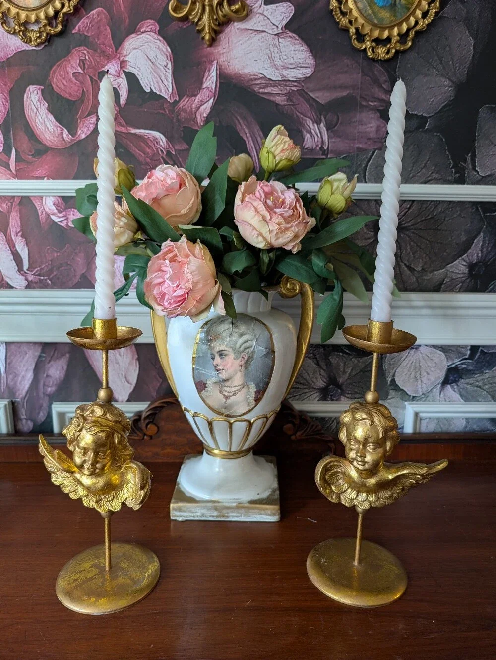 Vintage, set of 2,  Gold gilt metal chalkware cherubs angels candle holders 12